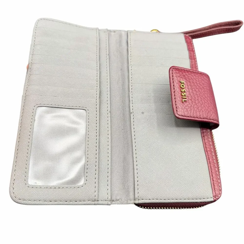 Fossil Leather Zip Around Wristlet Wallet Burgundy RFID